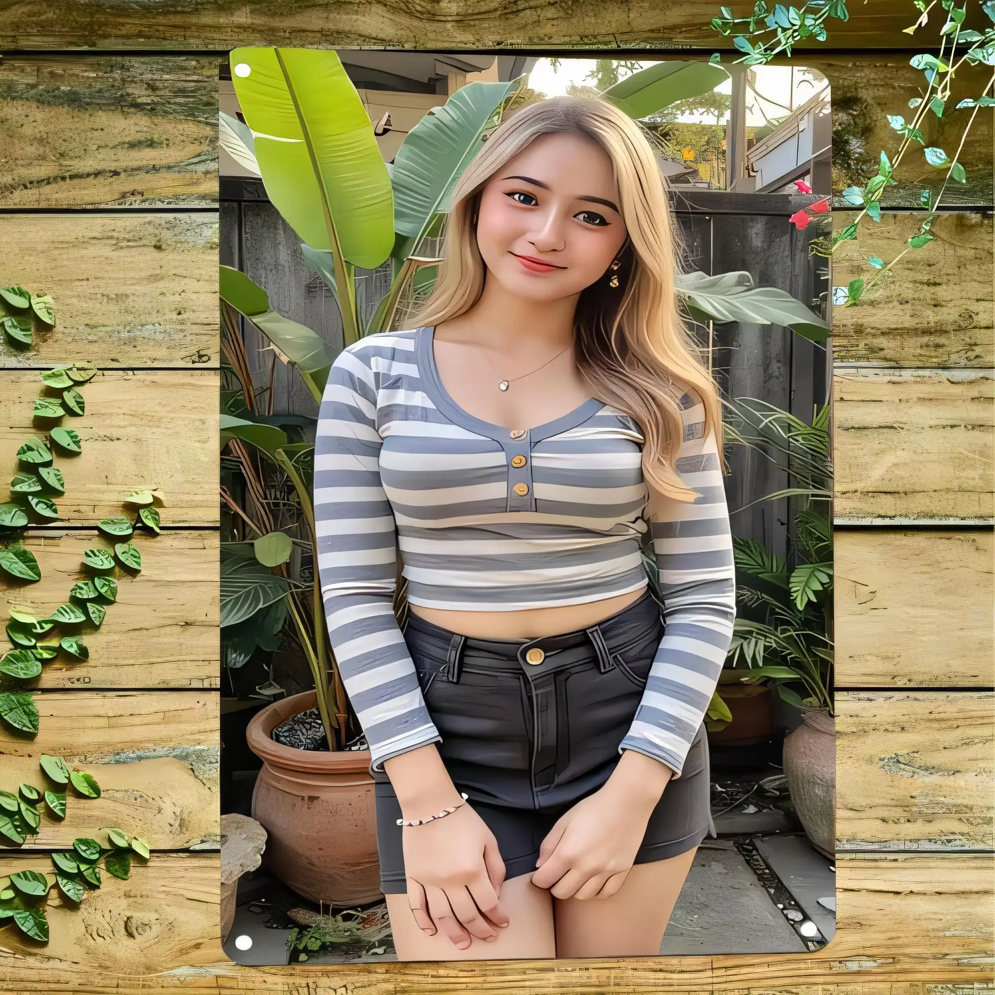 Tin Sign Vintage Photo Frame Aesthetic Metal Poster of Young Woman Blonde Hair Outdoor Garden Wall Decor for Bedroom Living Room