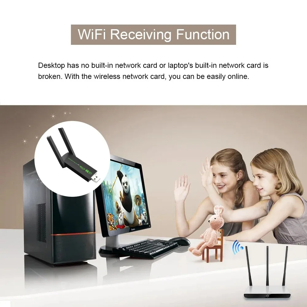 1300Mbps USB WiFi Adapter AC1300 WiFi 5 Ethernet Network Card Dual Band 5G 2.4G USB3.0 WiFi Dongle for PC Laptop WiFi Receiver