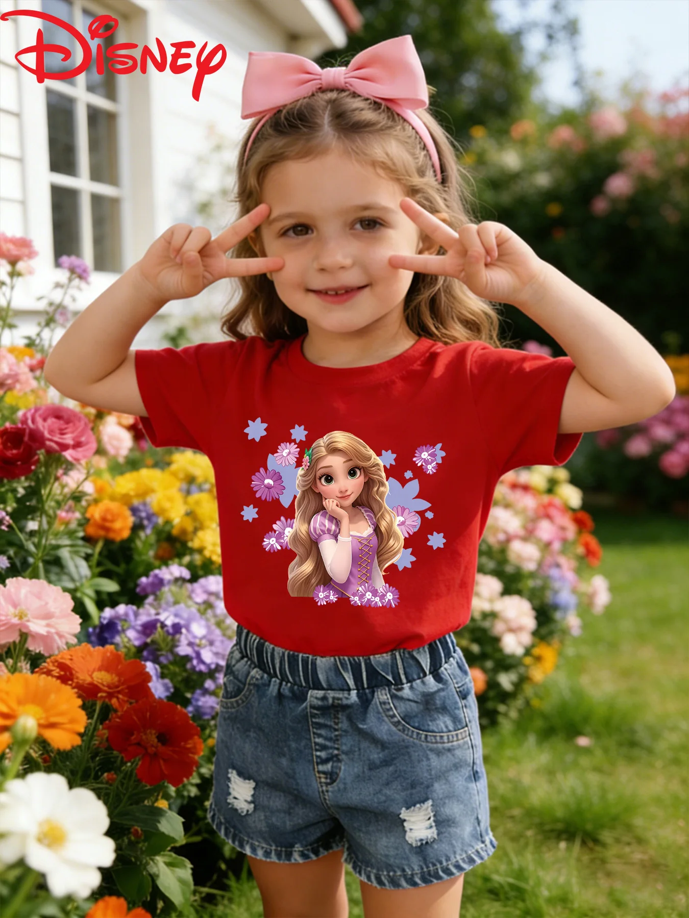 

Футболка для девочек Disney Rapunzel с фиолетово-розовым цветочным принтом и звездами, весенне-летний повседневный топ, можно стирать в машине