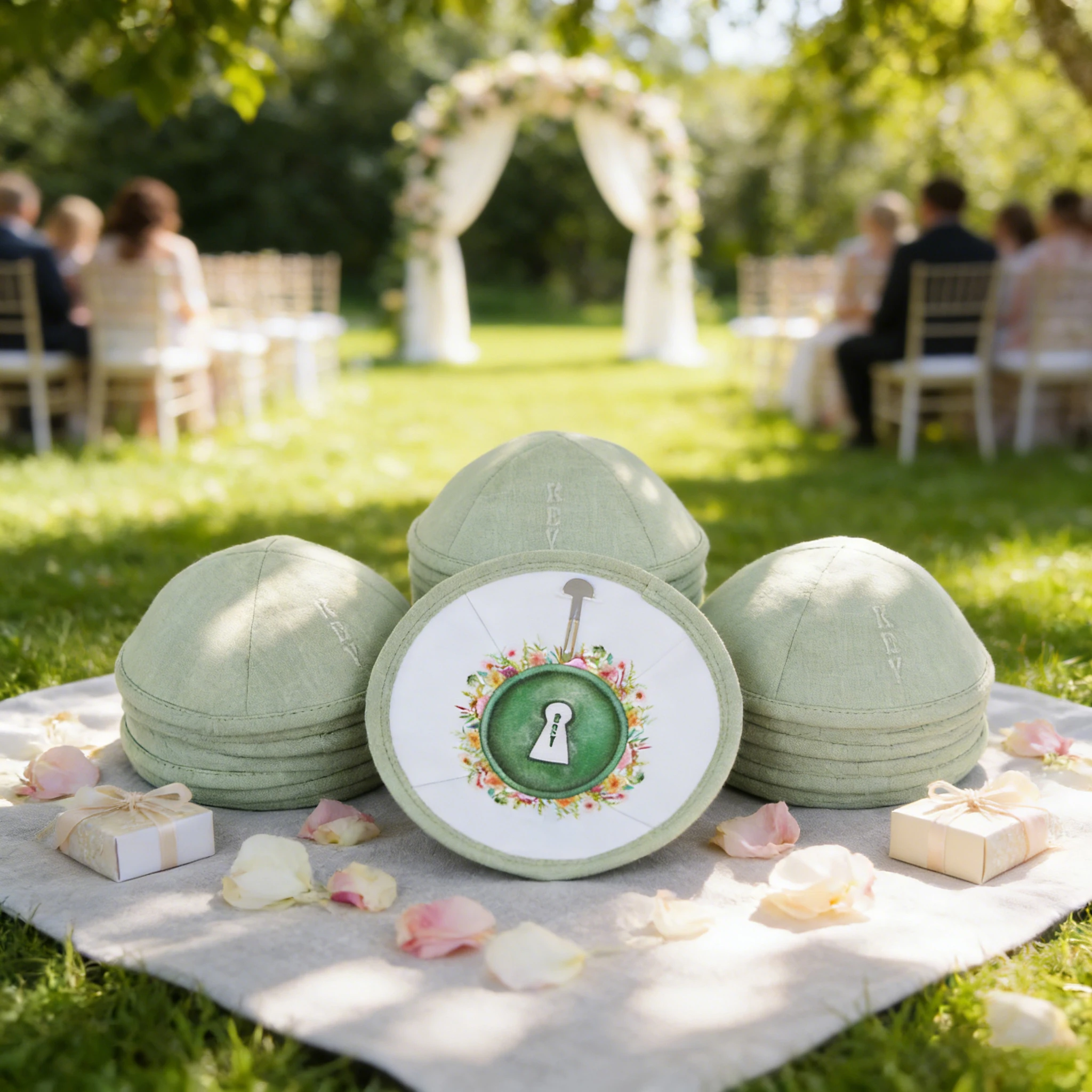 

Light green linen kippah, customizable with digital printing and embroidery. Suitable for weddings and boys' bar mitzvahs.