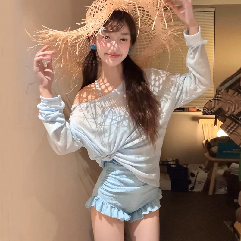 costumi da bagno conservatori di moda coreana sexy due pezzi con volant con nodo increspato body bikini con grembiule con copertura in rete a maniche lunghe