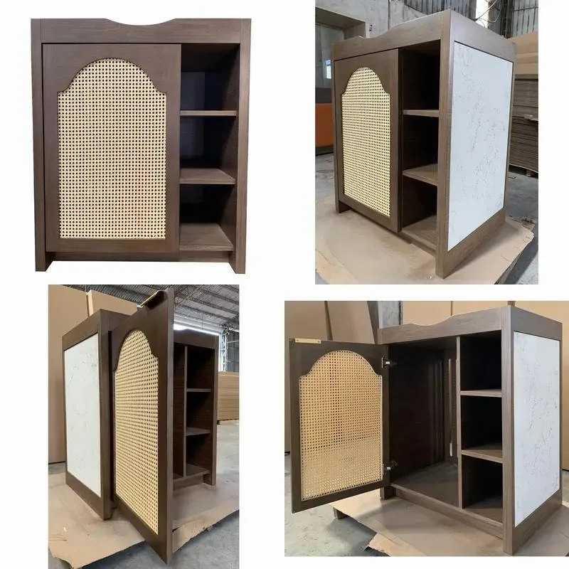 Newly Designed Wooden Tableware Cabinet with Rattan Door and Stone Countertops Adjustable Open Shelving for Tea Coffee Wine