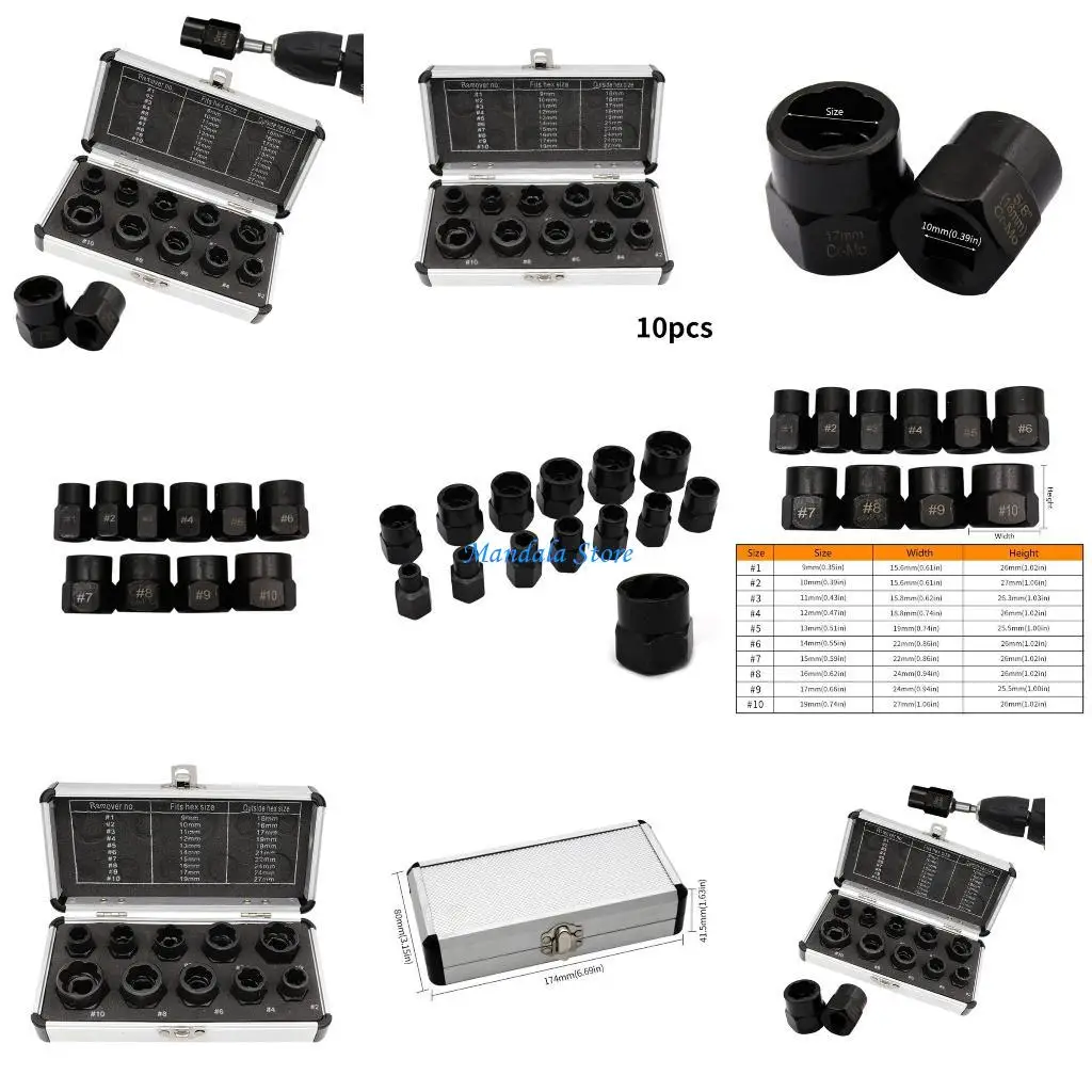 

U2JC 10Pieces Nut Remover Extractor Tool 9-19mm Bolt Nut Extractor with Storage Box