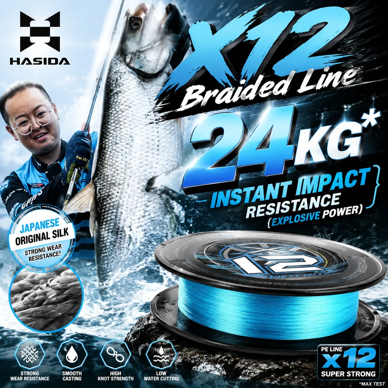 HASIDA PEX+ X12 12-fach geflochtene Standard-Angelschnur, blau, Flaggschiff-Qualität, stark, 45 kg maximale Tragkraft, glatt, geringer Widerstand, 100 m PE-Angelschnur