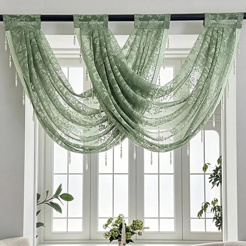 1PC Cottage Style Green Sheer Lace Valance, Hollow Mirror Flower Pattern with Elegant Pearl Drop Tassels