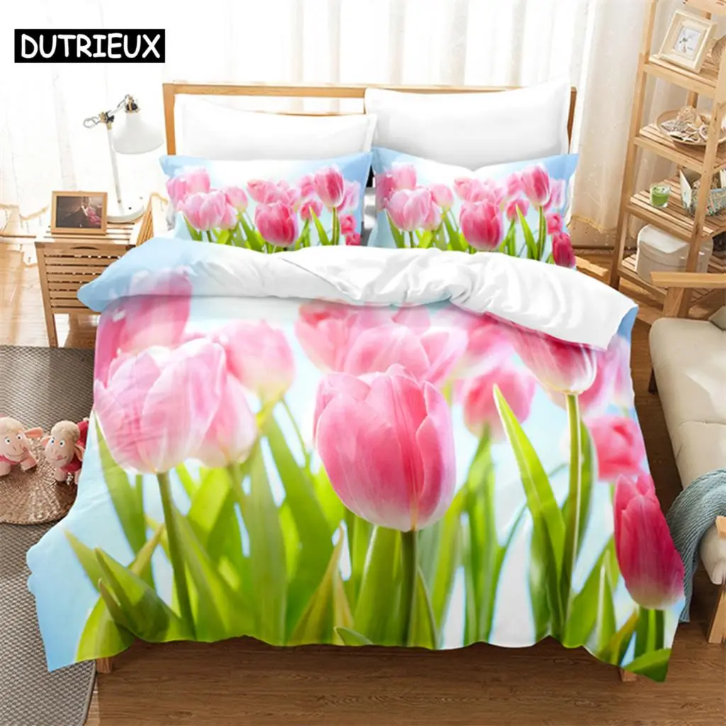 

Pink Tulip Queen Bedding Set Duvet Cover Kids Bedroom Bed Set Comforter Cover Set King Size Duvet Cover Set Bedding Sets