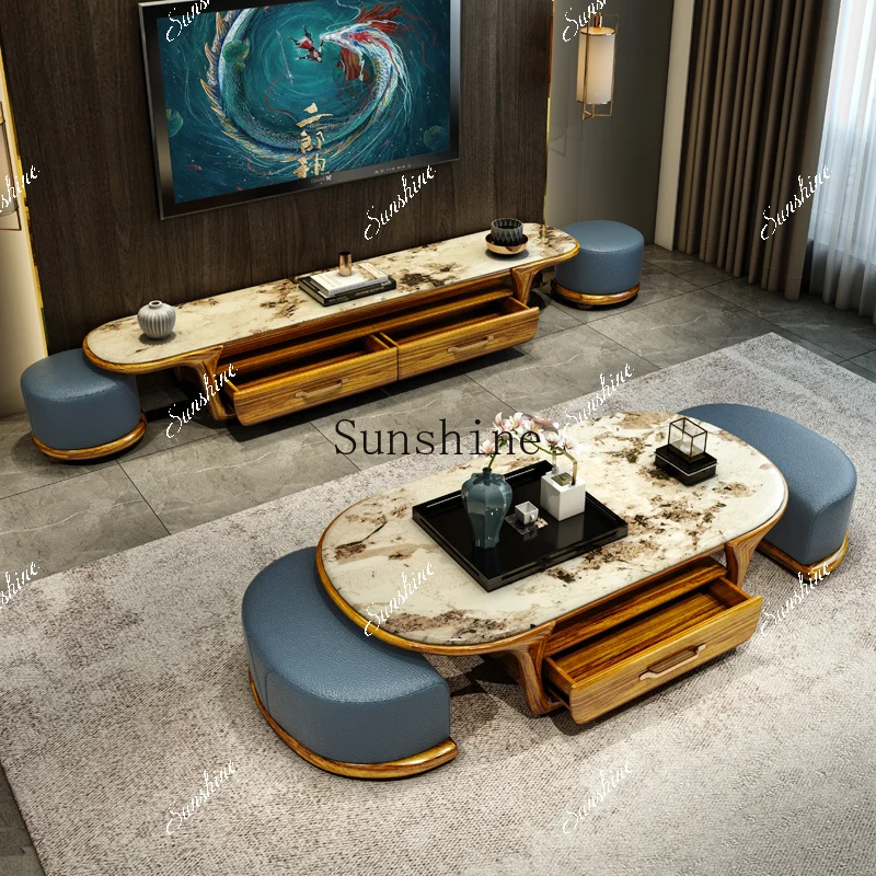 

Ebony coffee table TV cabinet combination marble countertop household living room new Chinese rectangular with stool FT