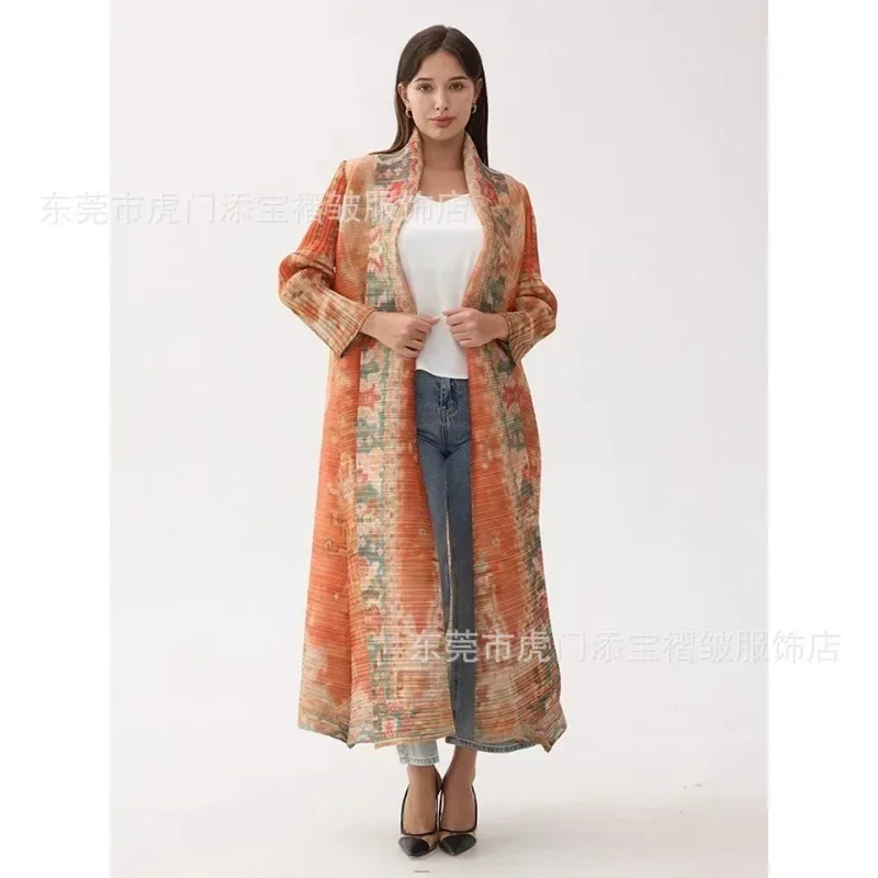 Pleated Vintage Printed Turn-down Collar Long Sleeve Long Jacket Women Designer Abaya New Dubai Fashion Plus Size Coats