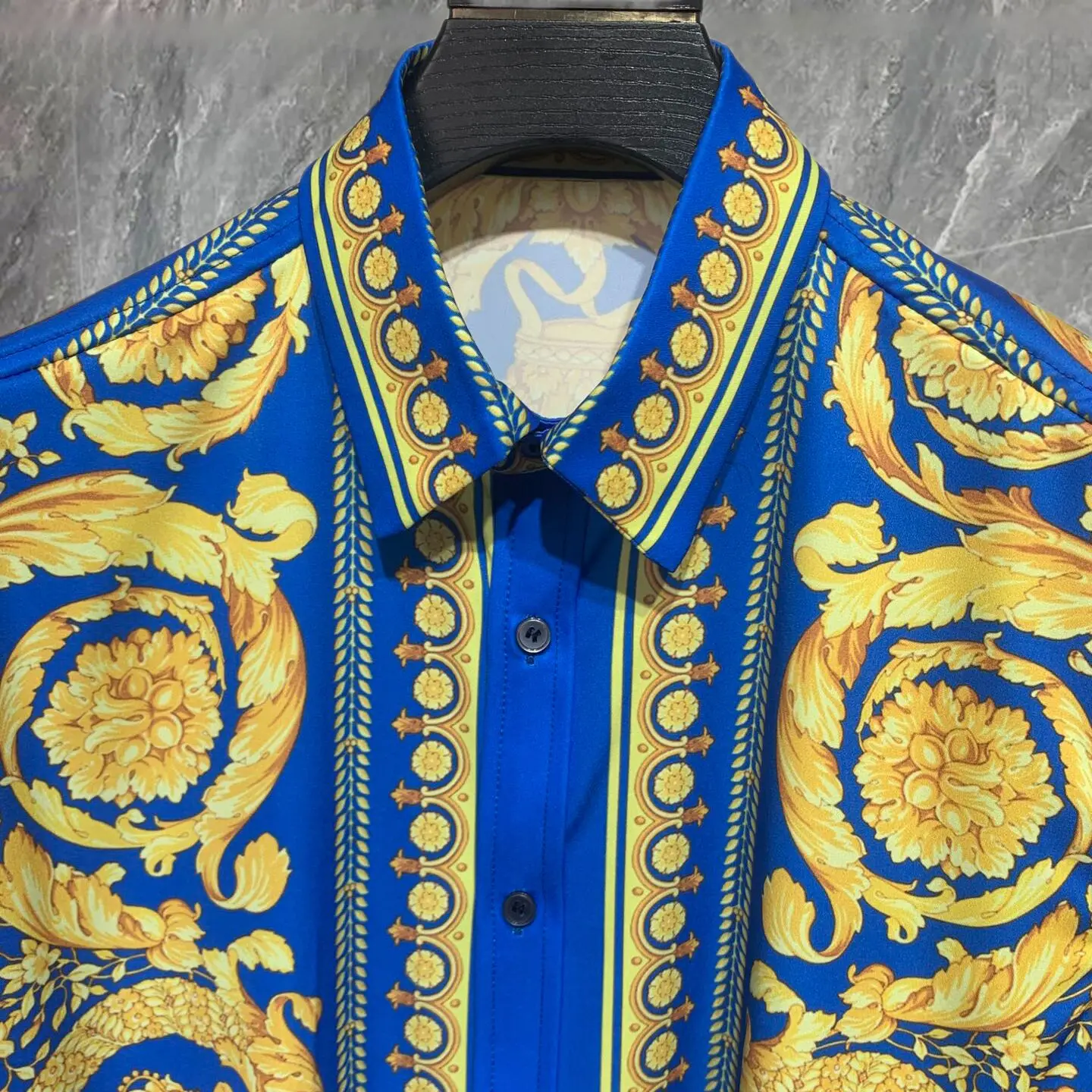 2024 Spring Summer Position Long-sleeved Shirt Baroque Shirt Men High Quality Blue Digital Print Shirt Camisa Social Masculina