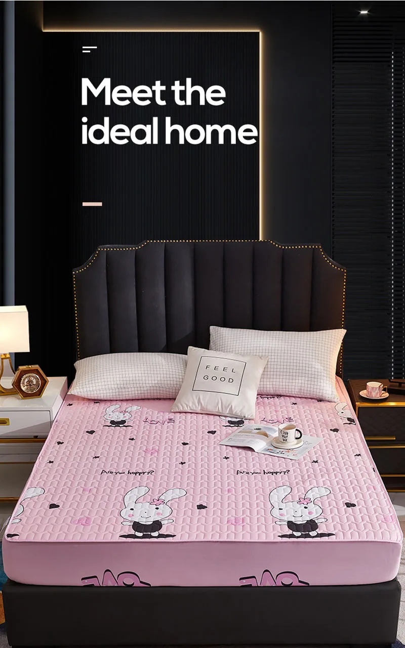 Cartoon Quilting Waterproof Fitted Sheet Cute Printed Padded Mattress Protector Skin-Friendly Non-Slip Mat with Elastic Band