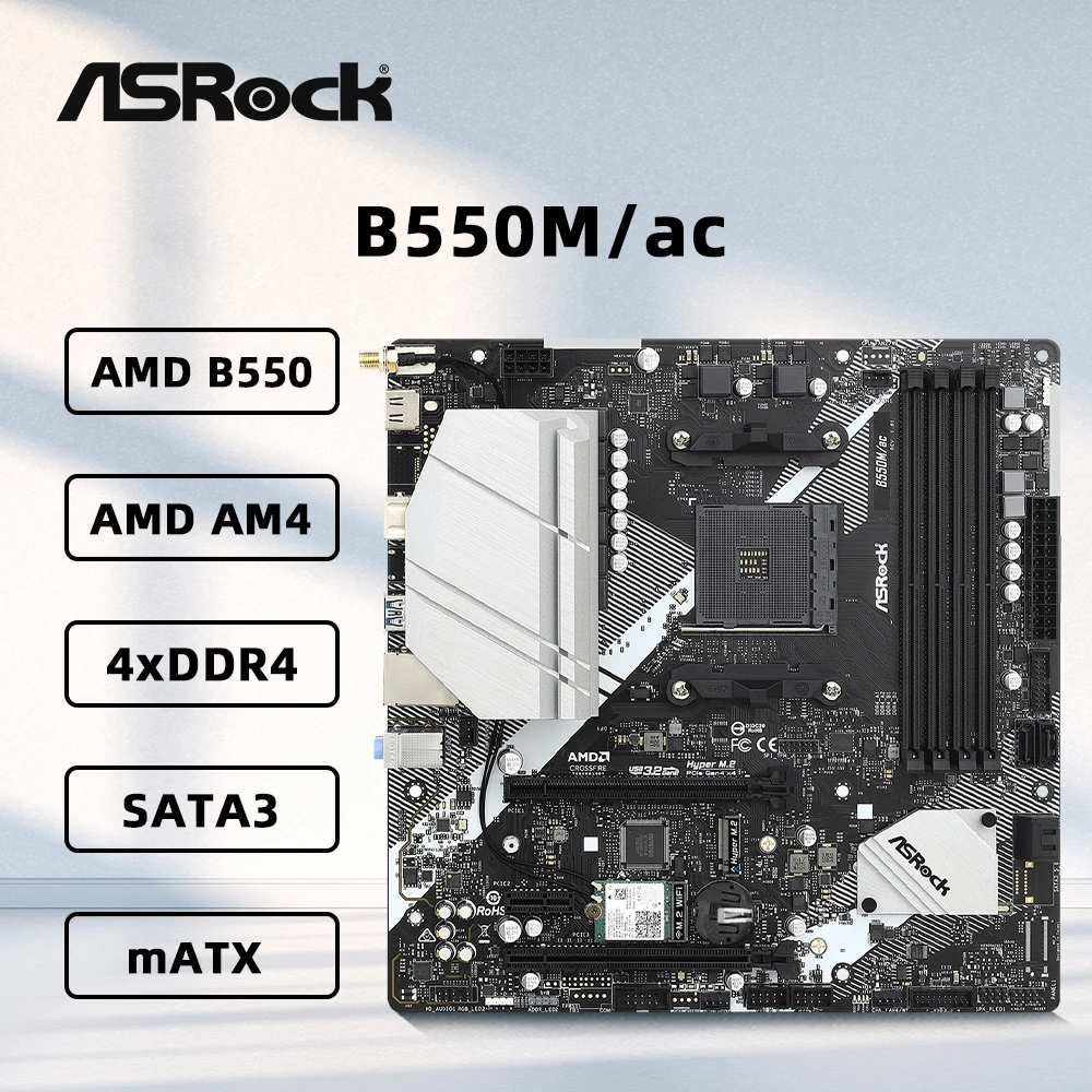 ASRock B550M/AC Motherboard Support Ryzen 5 3600X 5600 5700X3D 5800X3D CPU 4xDDR4 4733MHz 128GB HDMI NVME M.2 mATX AM4 Mainboard