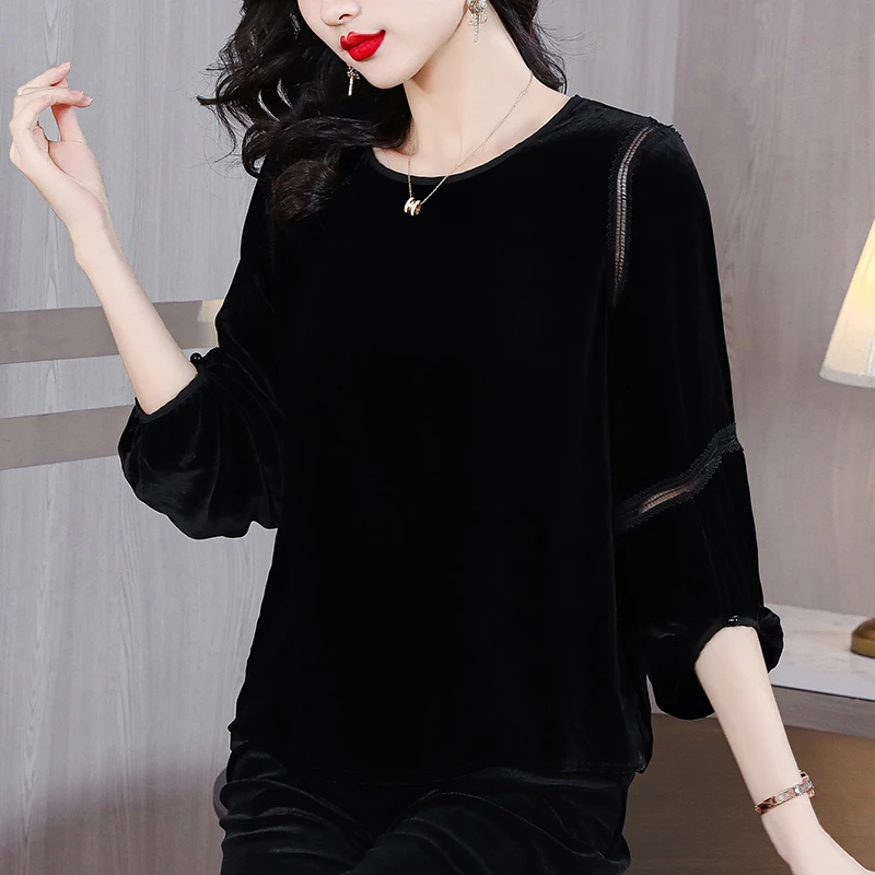 

2023 Autumn/Winter New Black Silk Long Sleeve Shirt Women's Velvet Solid Bubble Sleeve O-Neck Top Hollow Out Slim T-shirt