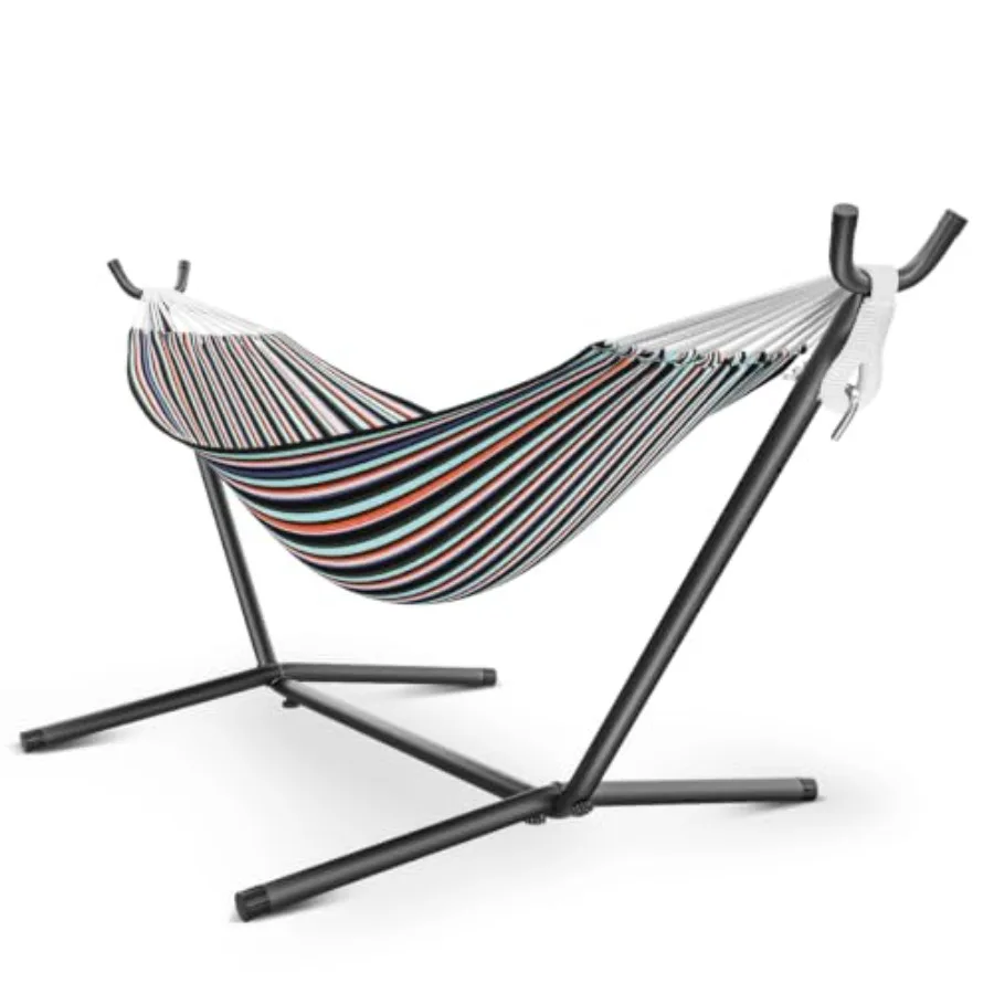 Outdoor hammock with stand 600 lbs capacity, carrying package, 2-person patio use polyester fabric, navy blue, easy setup and p