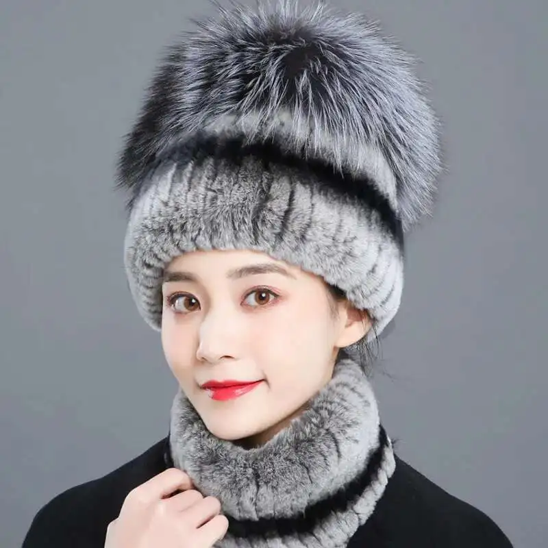 

Real Rex Rabbit Fur Hat For Women Winter Fashion Rex Rabbit Fur Scarf Set Natural Silver Fur Hat With Fox Fur Ball Knitted Hat
