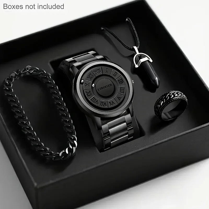 4PCS Men's Watch Jewelry Set Fashion Magnetic Suspension Quartz Watches Casual Sports Roma Dial Wristwatches (Without Box)