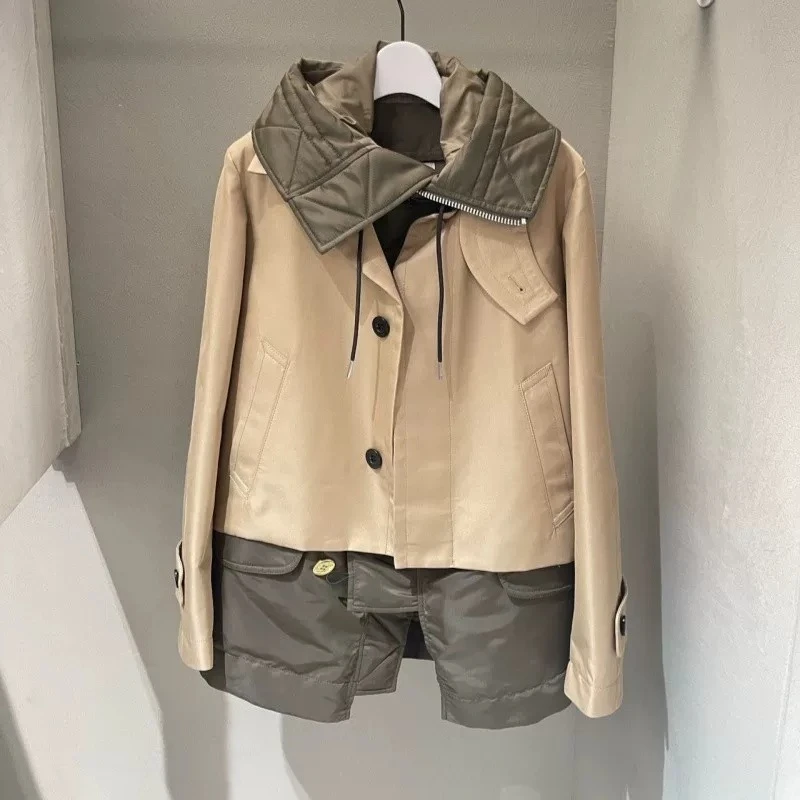 SAC splicing contrasting color loose splicing casual hooded trench coat