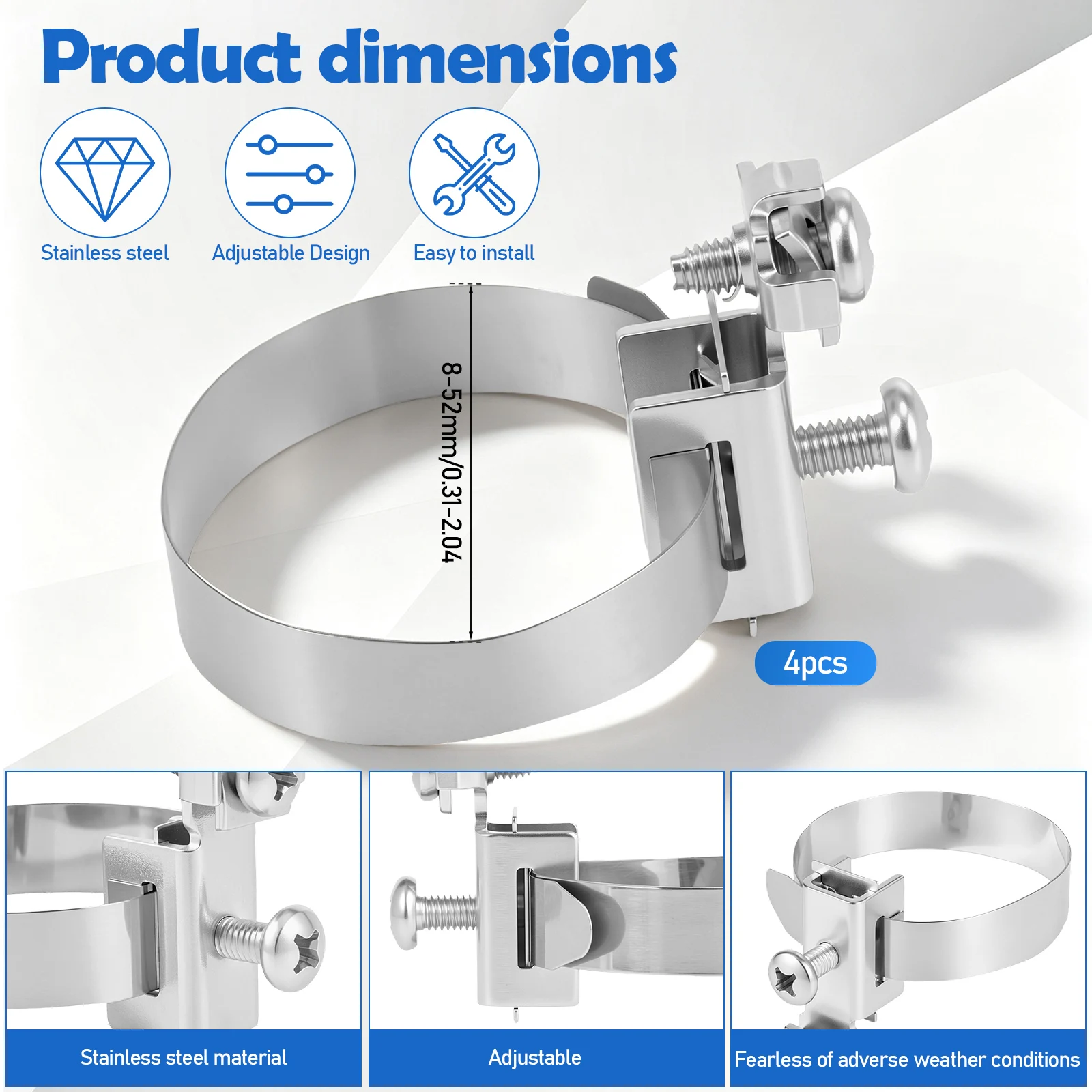 4 Pcs Stainless Steel Grounding Pipe Clamp 8-52mm Adjustable Earth Band Strap Lightning Protection Cable Wire Clip for Pipes