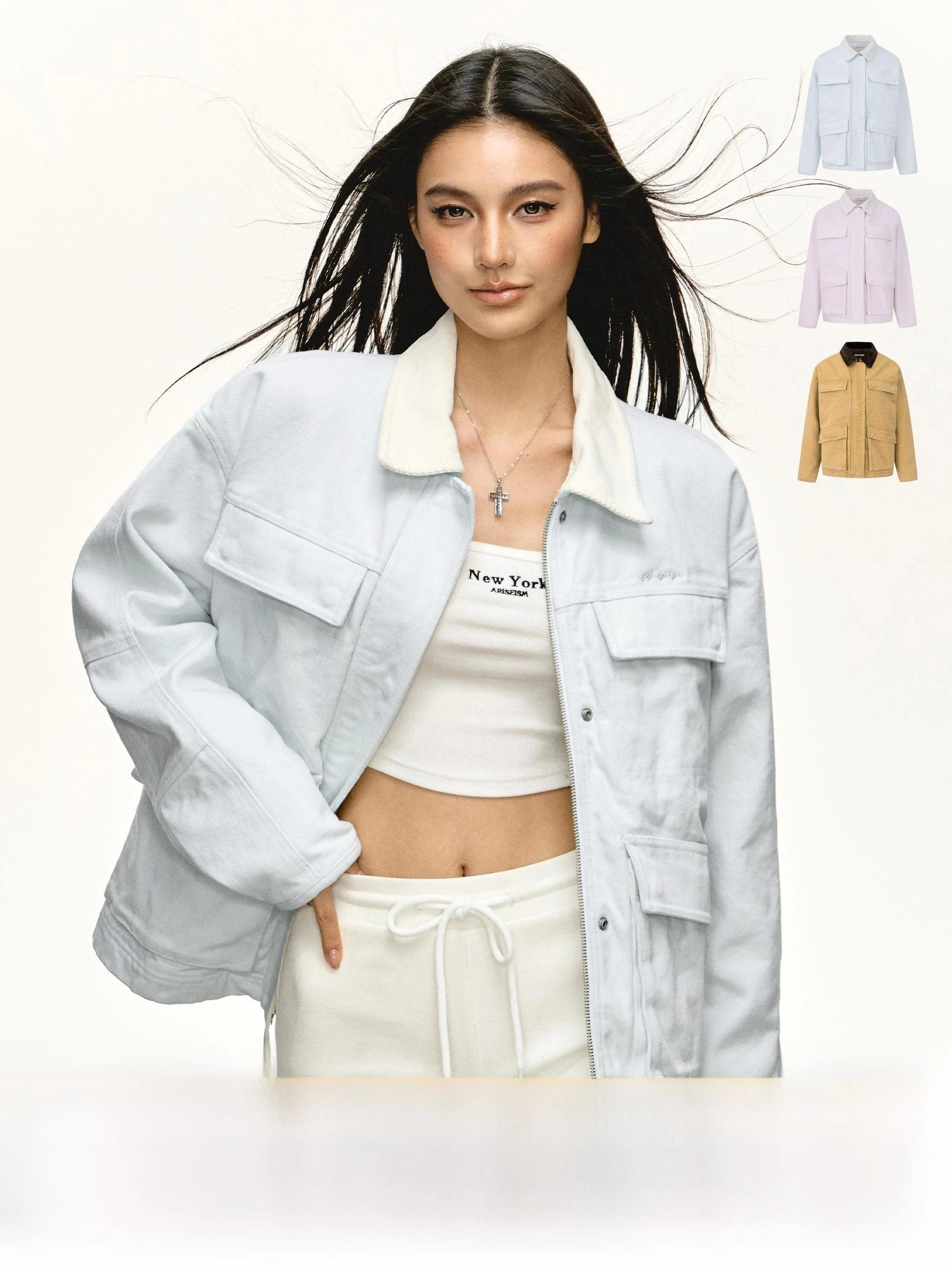 

Ariseism American Sle Retro Color Blo Collar Jaet Women's Multi ket Autumn Winter New Arrival Street Sle Loose Fit