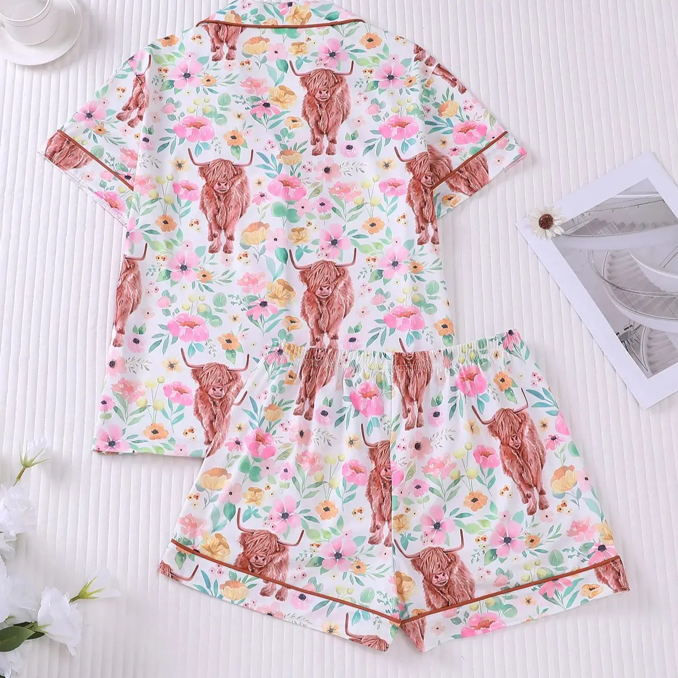 American Pastoral Style Cute Pet Cow Print Pajamas Short-Sleeved Shorts Two-Piece Set for Women's Casual Home Wear