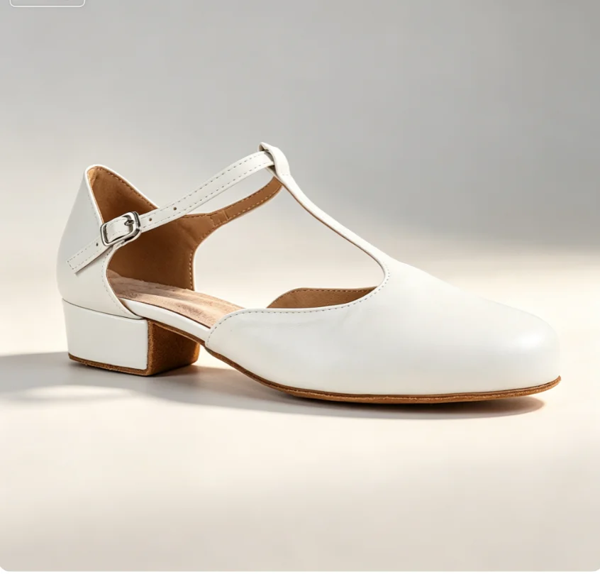 Evk Women White Leather T‑Strap Dance Shoes Closed Toe Block Low Heel Buckle Strap Modern Ballroom Waltz Practice Dance Footwear