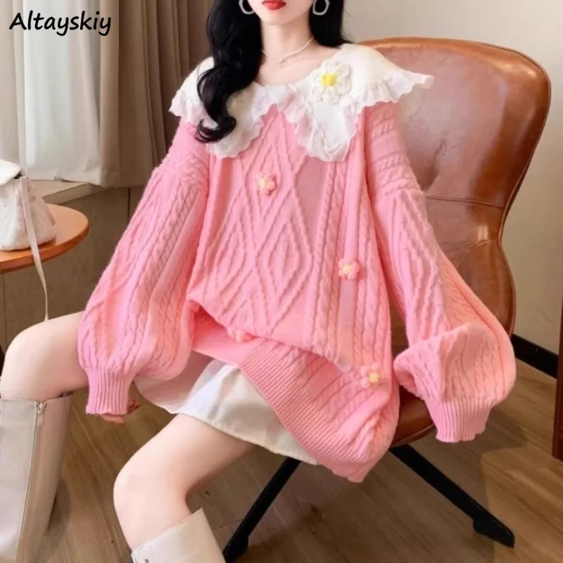 

Pullovers Women Peter Pan Collar Patchwork Panelled 3D Floral Baggy Cozy All-match Leisure Sweet Kawaii College Autumn Fashion