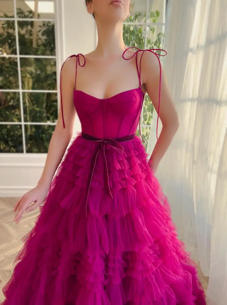 Tulle Bow Spaghetti Straps A-line Evening Dresses Sweetheart Backless Tiered Pleats Cake Dress Luxury Long Graduation Gowns 2024