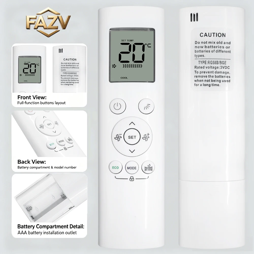 FAZV RG58B/BGE AC Remote for Midea Kaysun Comfee Mabe RG58B1/BGE RG58B2/BGE RG58A2/BGEF RG58A4/BGEF RG58D/BGEF RG58E1/BGEF