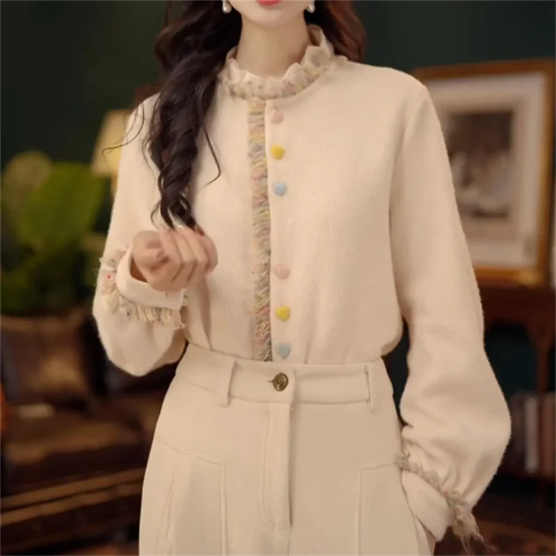 

Весенние новинки: женская блузка с воротником-стойкой, длинными рукавами, плотная, плиссированная, с кружевом, шикарная женская рубашка.