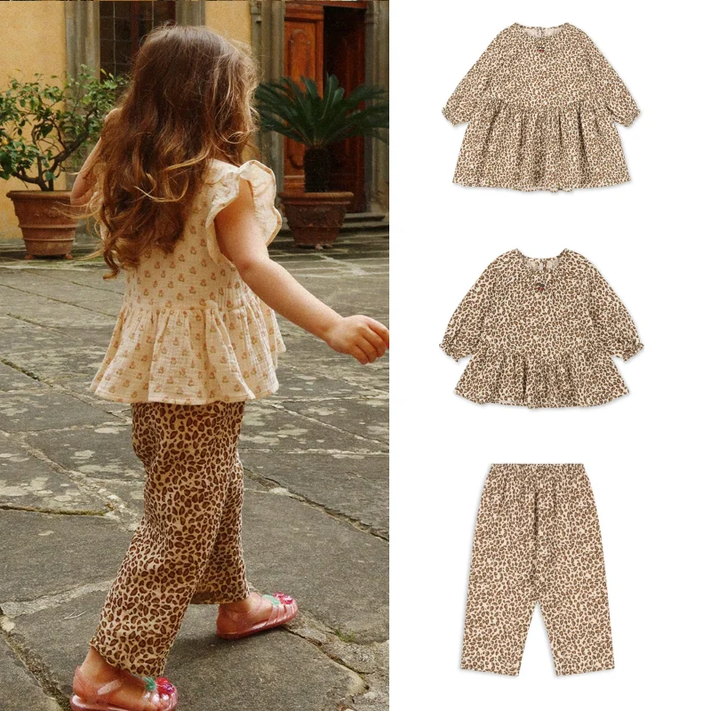 

Girls' Dress 2026 Spring/Summer New Cherry Fashion Cute Children's Long Sleeve Dress Cotton Bubble Sleeve Girls' Top Pants Set