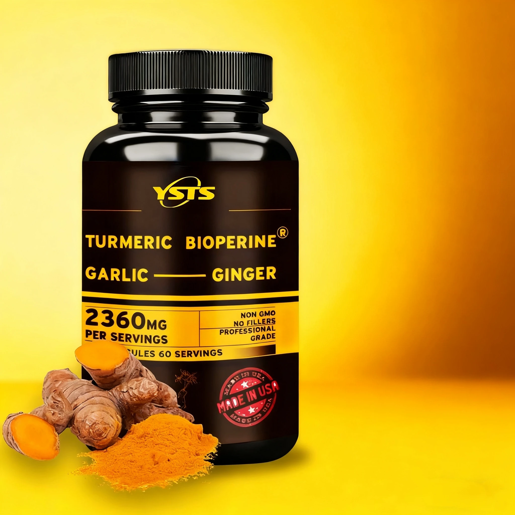 4-in-1 Turmeric Ginger Supplement - With Garlic Curcumin Black Pepper - Joints, Immune Support, Improves Digestion