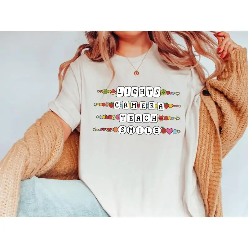 Lights Camera Teach Teacher T Shirt New Groovy Bracelet Stem Friendship Sweat