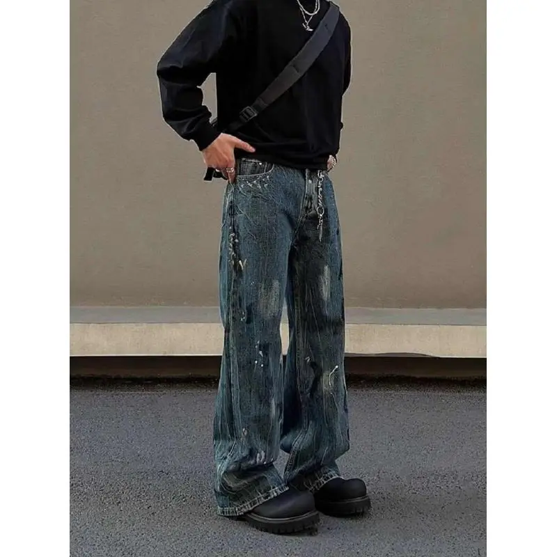 

Street men and women trendy personality retro blue splashed ink design straight leg jeans couple hip-hop loose casual pants y2k
