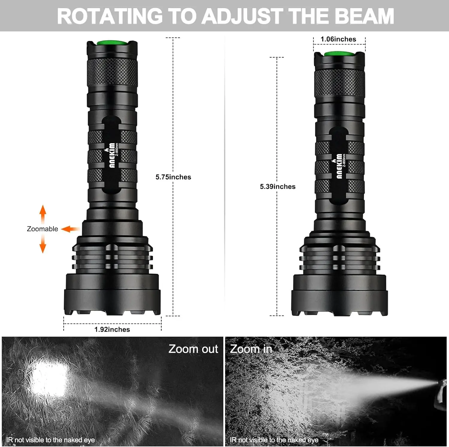 ANEKIM Z-IR Vcsel 940nm850nm IR Flashlight, 3 Mode Silent Adjustable Power Tactical Torch, USB Rechargeable 18650 Hunting Deer