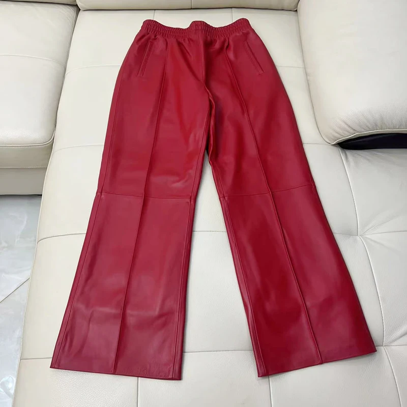 Moda Leather Pants for Women Winter Female Elastic Waist Casual Loose Straight Wide Leg Long Trousers Red Pantalones Mujer