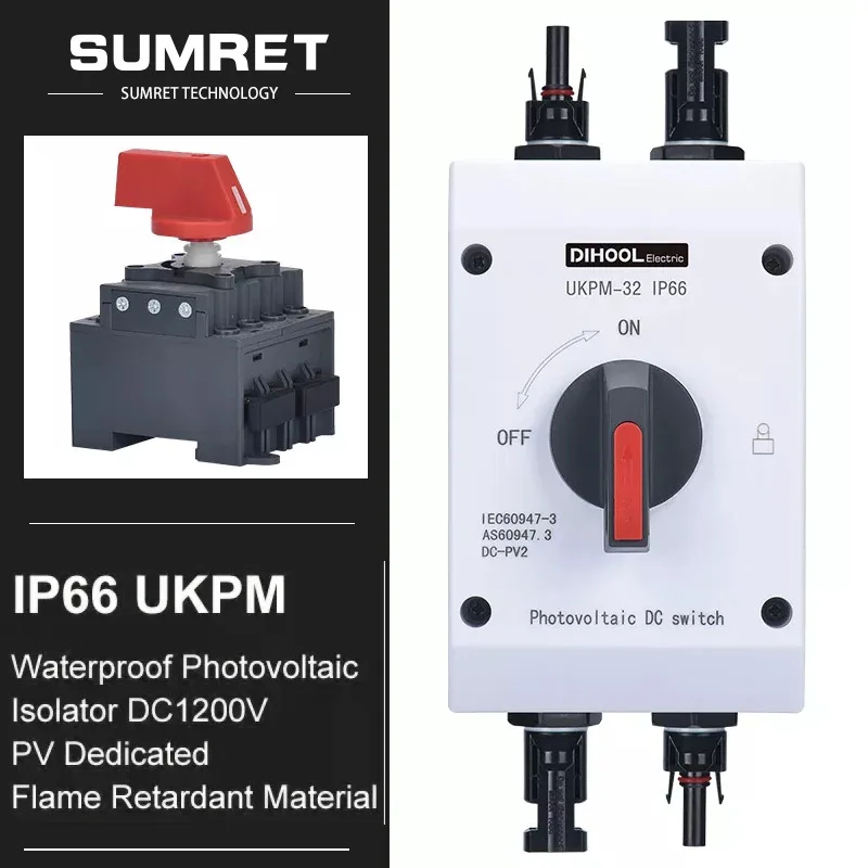 

Photovoltaic Solar PV Isolator DC 1000V 1200V Electrical Switch 32A 16A UKPM Outdoor IP66 Waterproof With Connector