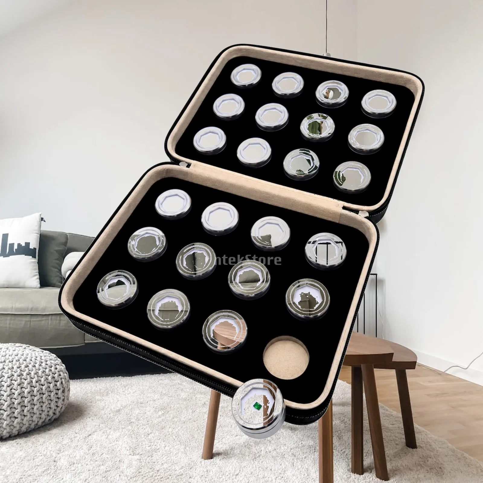 Glass Top Jewelry Storage Box for Gemstones with Metal Compartments and Cushioned Dark Interior