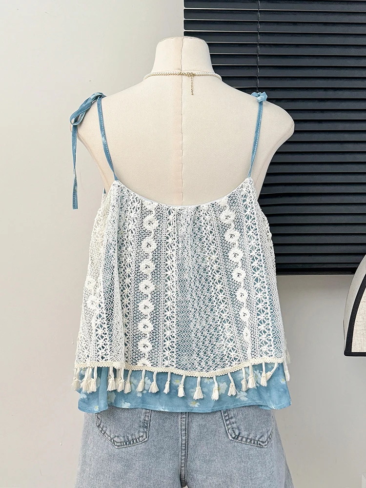 Patchwork Lace-up Floral Camisole For Women Summer New Casual Hollow Tassel Vest Versatile Commuting Beach Vacation Female Tops