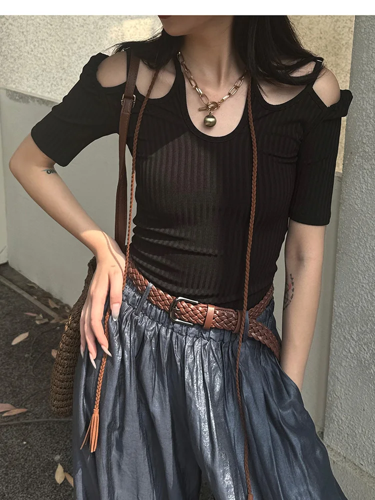 

Легкая дышащая комфортная трикотажная футболка LAMBO с открытыми плечами и облегающим кроем, летняя, однотонная, для повседневной носки