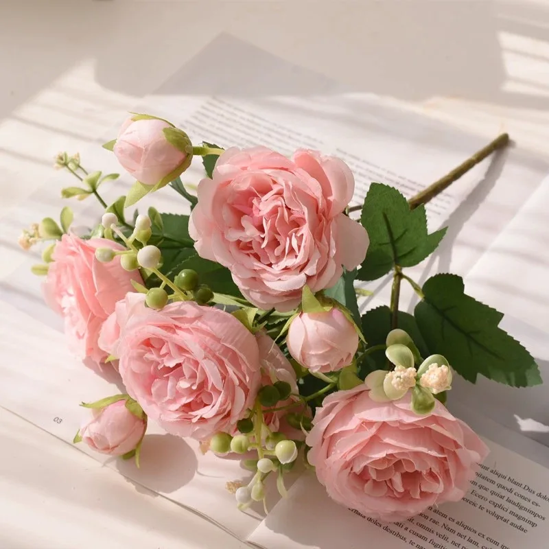 30 cm roze roze zijden boeket pioen kunstbloem 5 grote kop 4 kleine knop bruid bruiloft woondecoratie kunstbloem - afbeelding 1