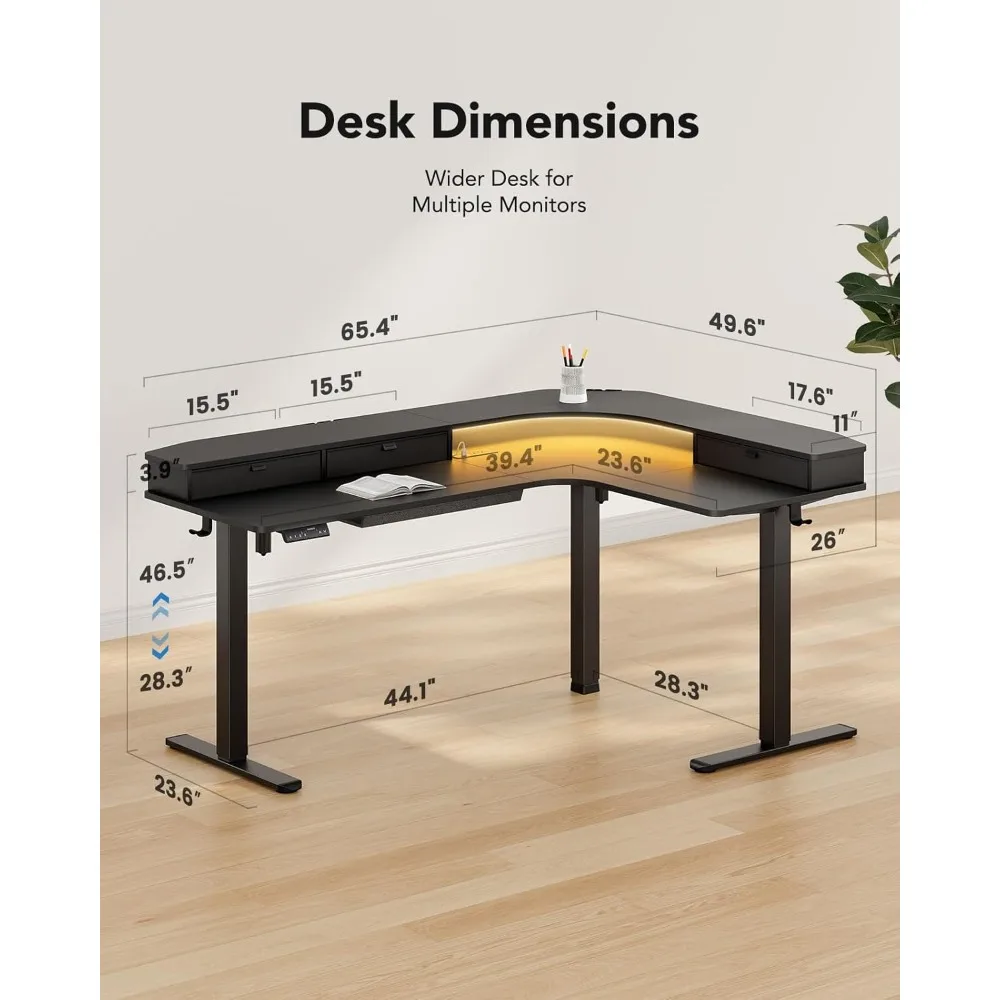 مكتب قائم على شكل حرف L مقاس 65 بوصة مع منافذ طاقة وشريط LED، مكتب كمبيوتر زاوية قابل للتعديل بارتفاع كهربائي،