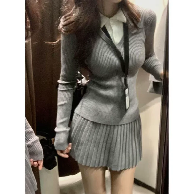 

Элегантный комплект из 3 предметов в консервативном стиле, женский модный повседневный пиджак, костюм, женская плиссированная мини-юбка + нерегулярная бретелька + короткая куртка