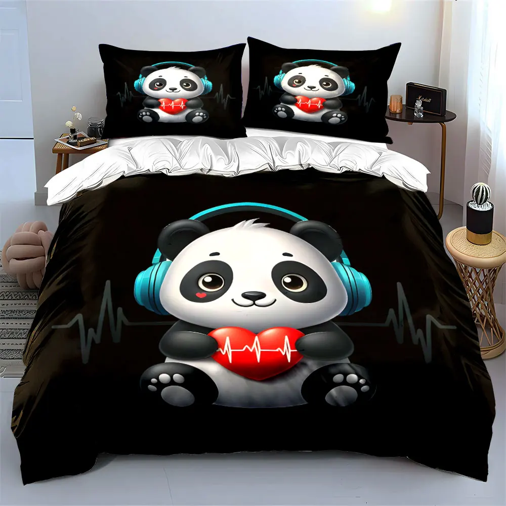 Cute panda holding a heart with headphones Print Bedding set 3PC 1 duvet cover 2 pillowcases adult and children bedding set