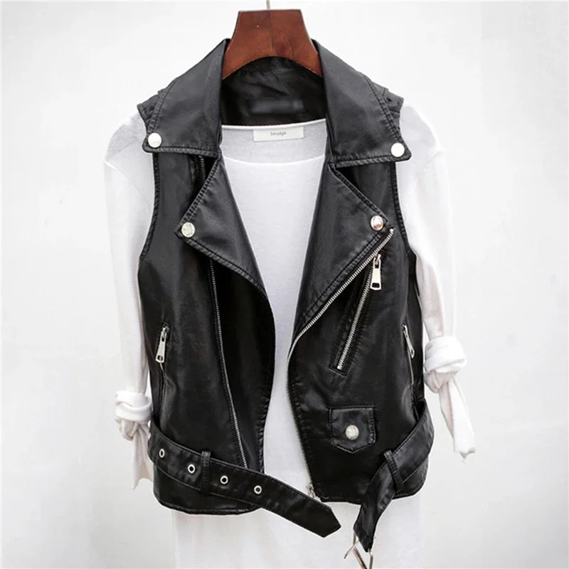 2022 New Spring Autumn Black PU Leather Waistcoat Fashion Women Motorcycle Vest Coat Sleeveless Vests Jacket Large Size 2XL