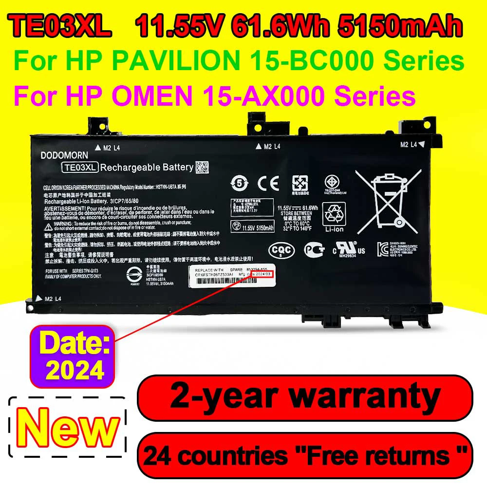 

TE03XL For HP Omen 15-BC000 15-BC011TX BC013TX For Pavilion 15-AX015TX AX017TX Laptop Battery HSTNN-UB7A 11.55V 61.6Wh 5150mAh