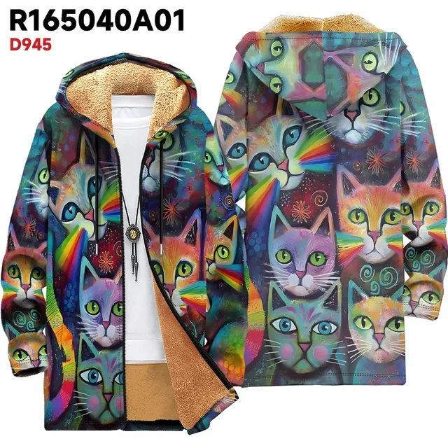 3D Print Animal Cat Colorful Personality Men's Fleece Zip Up Outerwear Zipper Fleece-lined Hoodie Thicken Outdoor Jacket Fleece