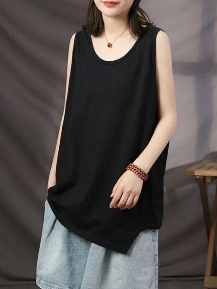 Summer Casual Loose Women's Tank Top Sleeveless Base Layer Pure Color Outerwear Versatile Slimming Effect Polyester Fiber