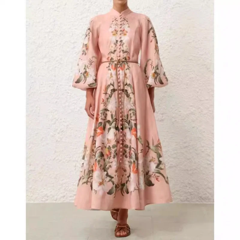 

2024Summer Holiday New Printed Single-Breasted Long-Sleeved Small Stand Collar Linen Dress Dress