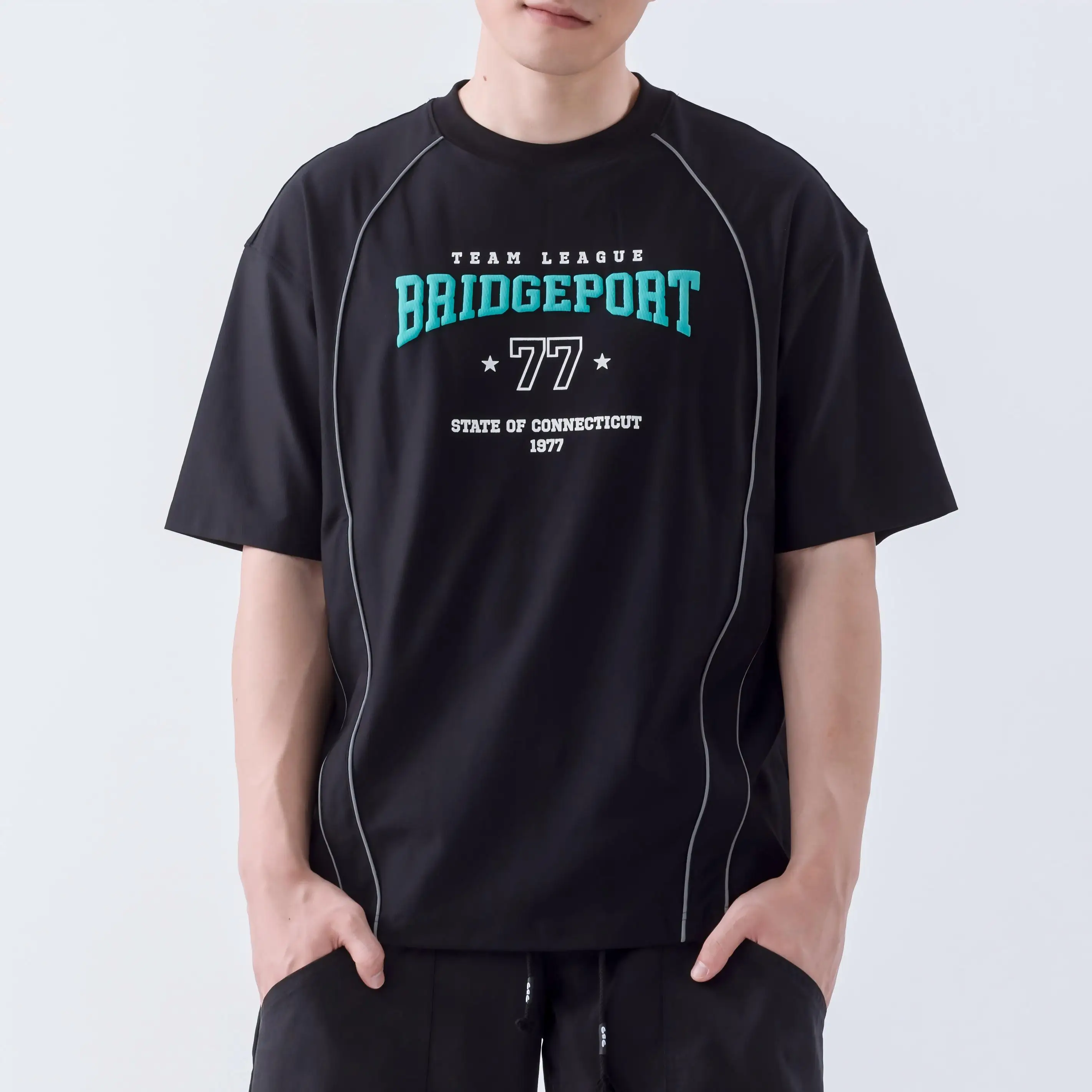 

Mesh T-Shirt Reflective Trim Letter Puff Printing T-shirt Short Sleeve Top High Street Graphic Summer Unisex Tee