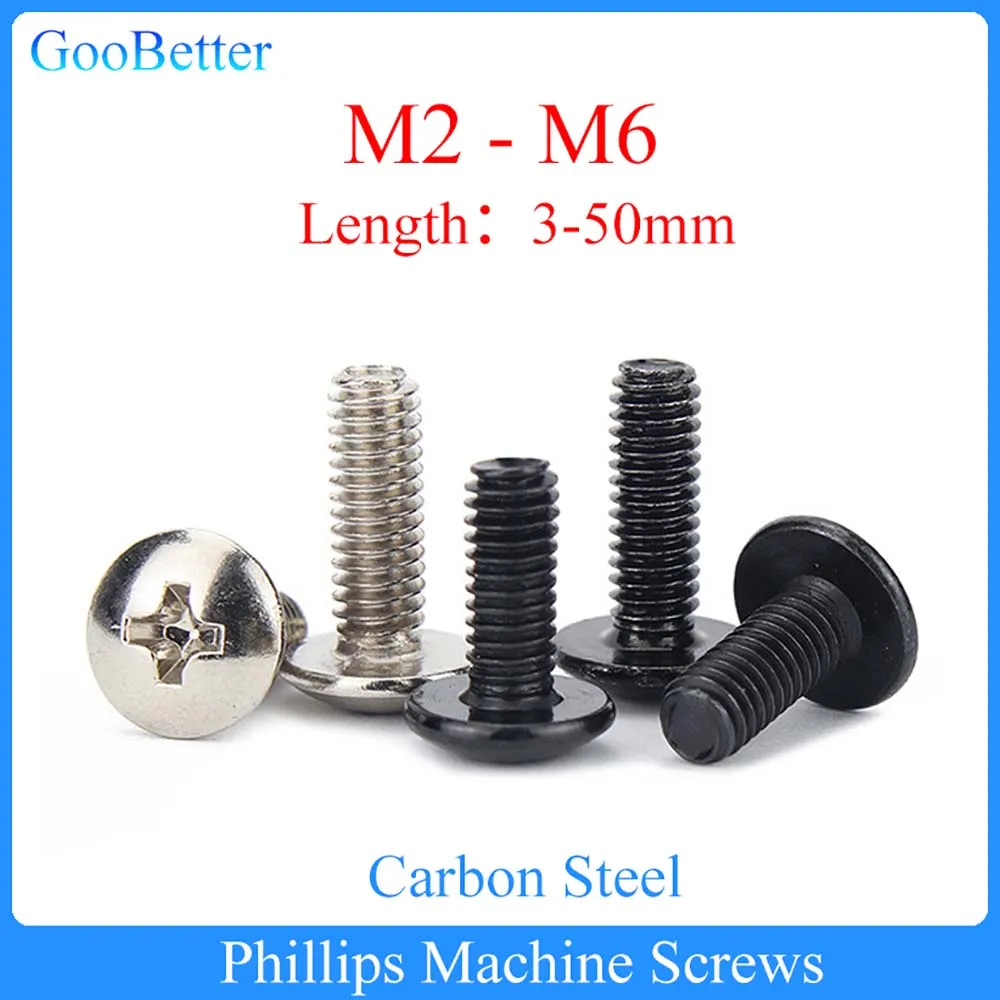 

50/100Pcs Phillips Mushroom Head Machine Screws M2 M2.5 M3 M4 M5 M6 Carbon Steel Cross Recessed Half Round Head Bolts L=3-50mm