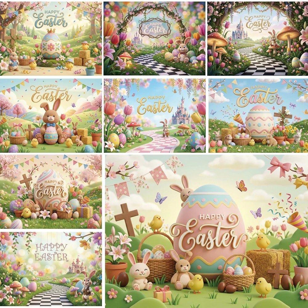 

MOON.QG Happy Easter Photographic Background Bunny Castle Forest Backdrop Child Decor Photozone Festival Photo Booth Portrait